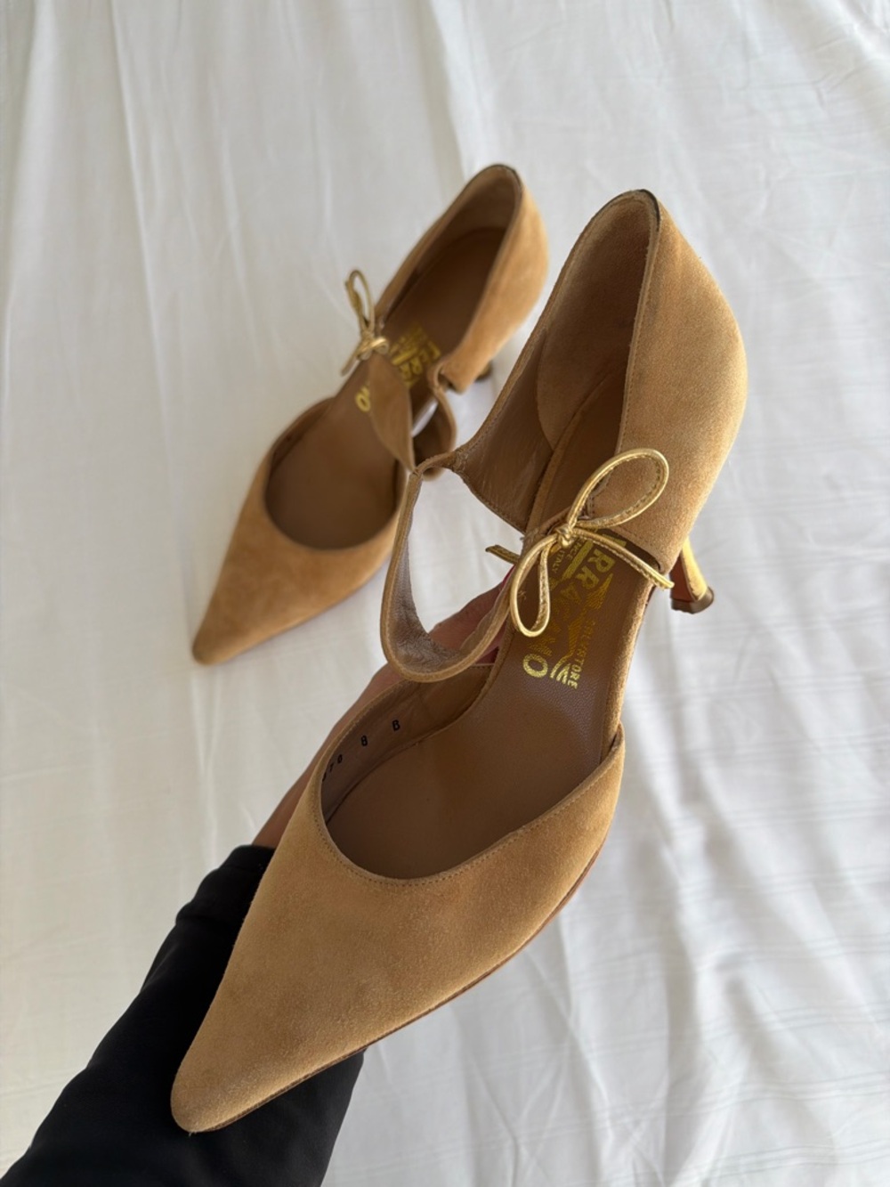 Salvatore Ferragamo suede heelsWomen's Pointed-Toe Ankle Strap Pumps in Tan